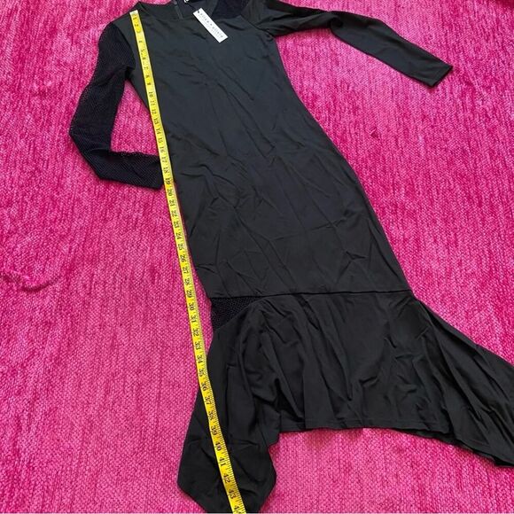 Alice + Olivia Kaine Mesh Insert Asymmetrical Hem Midi Dress Black Size 2 - Picture 14 of 16